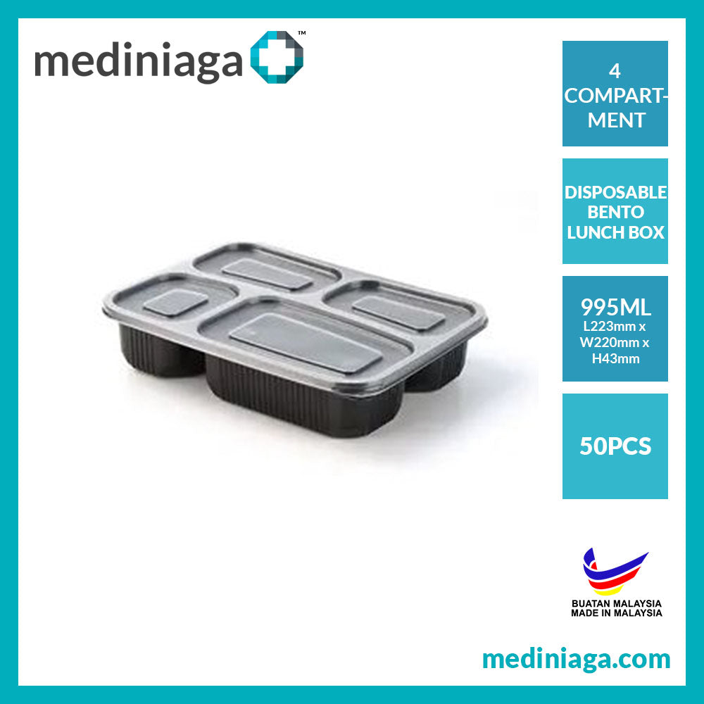 4 Compartment PP Lunch Box with Lid [ 50pcs± ] Disposable Plastic Food Box - Bento Box - [ Black ] - mediniaga