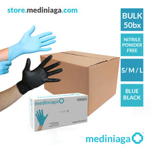 Load image into Gallery viewer, &quot;mediniaga&quot; [BULK 50 BOX] Nitrile Disposable Gloves BLUE/BLACK (Powder Free, Non Medical)
