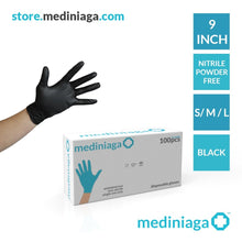 Load image into Gallery viewer, mediniaga 9&quot; Black Disposable Nitrile Gloves (Powder Free, Non Medical)
