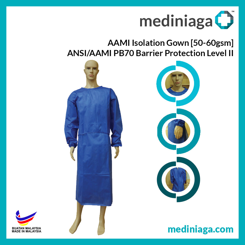 AAMI ISOLATION GOWN Class II (55gsm) 100% Water Resistant - mediniaga